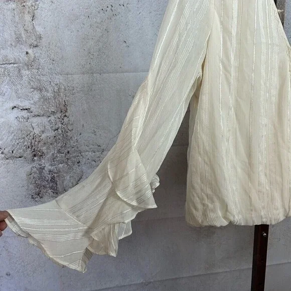 BCX ruffled sleeve shimmer top size L tonal pinstripe feminine wrap blouse Y2K - Picture 3 of 6